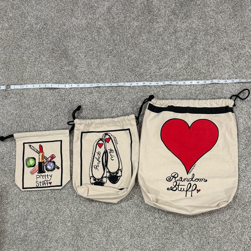 Set of 3 Brighton Canvas Drawstring Bags with Red Heart and Fun Prints